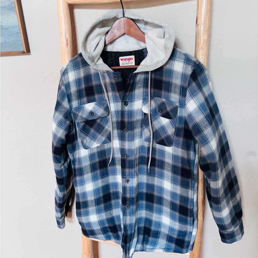 Wrangler Authentics Hooded Flannel Jacket Blue Plaid Men’s S Button Up